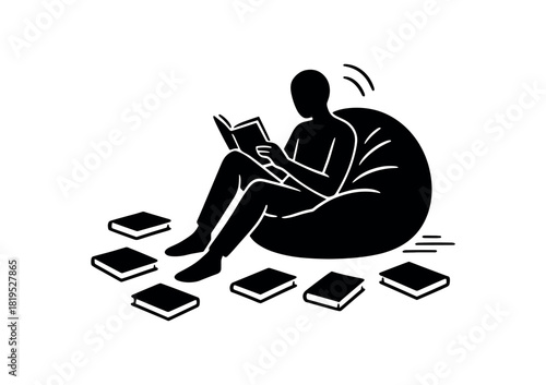 Books scattered near beanbag black silhouette with round and line motion accents relaxed reading scene