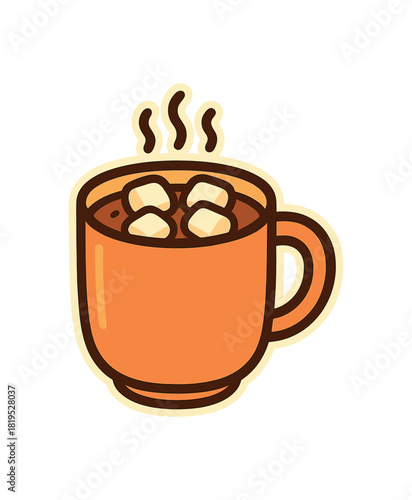 Single mug of cocoa with marshmallows flat vector style bold outline sticker look bright warm palette isolated on transparent background centered no face