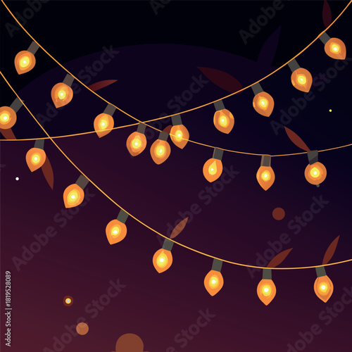 Warm golden string lights hanging in gentle curves against a dark night background, glowing softly with a cozy festive atmosphere.