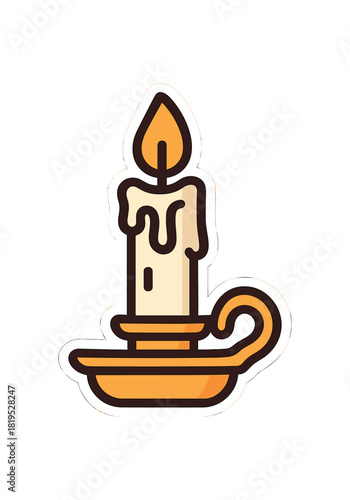 Single candle holder with melting wax flat vector style bold outline sticker look bright warm palette isolated on transparent background centered no face