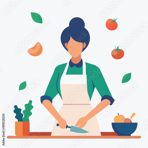 Woman Cooking and Cutting Ingredients for Meal Preparation