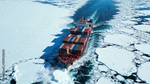 Aerial view of a large container ship navigating through broken sea ice in cold arctic or antarctic water