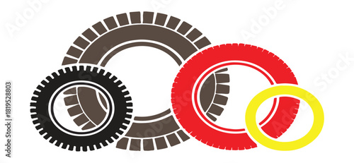 Stylized Tires in Varying Sizes and Colors (Black, Brown, Red, Yellow), Creating an Energetic Industrial or Automotive Design.