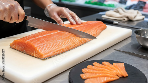 Professional Chef Slicing Fresh Salmon Fillet on Cutting Board