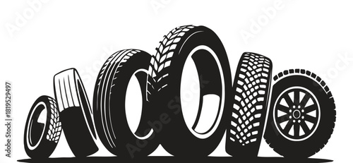 Stacked Car Tires And Wheels, Auto Shop Display, Automotive Maintenance Concept For Shop Showcase Visual.