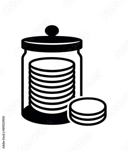 Cotton rounds jar black silhouette with lid and circle stack lines flat skincare refill concept