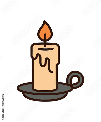 Flat vector illustration of candle with small flame on simple holder wax drips rounded shapes clean outline