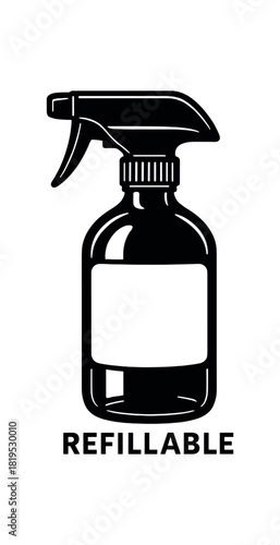 Glass spray bottle with label space black silhouette with trigger and shape lines refillable cleaner item