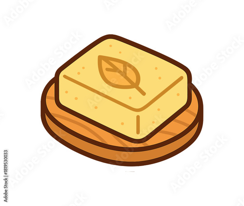 Single natural soap bar with leaf imprint on wooden dish flat vector style bold outline sticker look bright warm palette isolated on transparent background centered no face no shadow