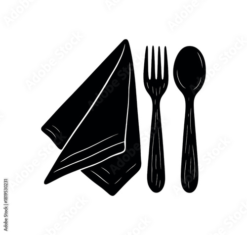 Cloth napkin folded near wooden cutlery black silhouette with fabric and fork lines zero waste dining scene