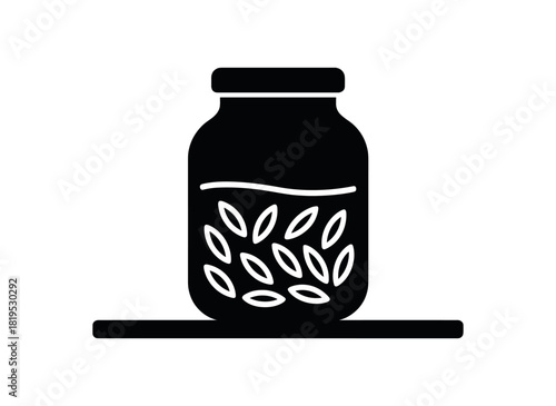 Glass jar with dry food on shelf black silhouette with cap and grain line details minimal bulk storage concept