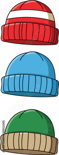 Colorful knitted winter beanie hats with folded brims in cartoon style, featuring warm cozy designs ideal for cold weather fashion, seasonal apparel, and vector illustrations