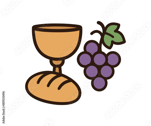 Flat vector illustration of chalice with grape cluster and bread loaf rounded shapes clean outline