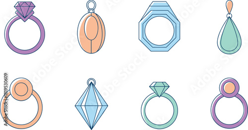Elegant geometric jewelry icons featuring rings and pendants in pastel colors with minimalist gemstone shapes designed for fashion accessories, branding elements, and modern vector graphics