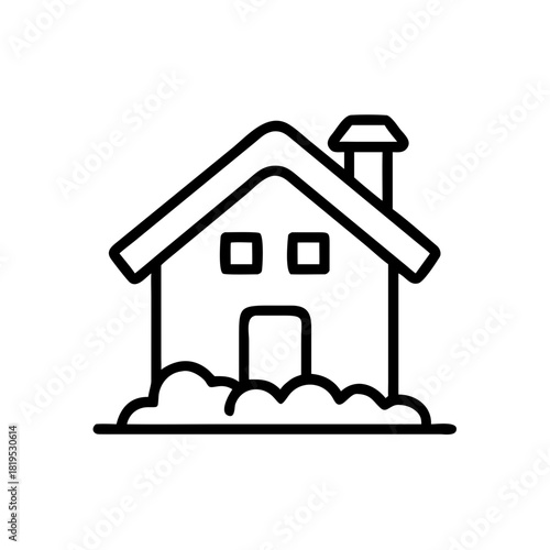 Simple line drawing of a house surrounded by snow for winter holidays  