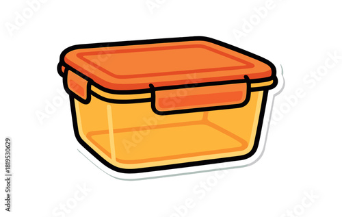 Single stackable glass food container with locking lid flat vector style bold outline sticker look bright warm palette isolated on transparent background centered no face no shadow