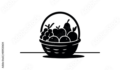 Basket of seasonal fruits on black silhouette with curved edge and stem lines local food lifestyle