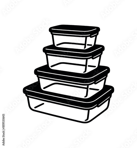 Glass food containers stacked neatly black silhouette with shape and rim lines minimal zero waste kitchen