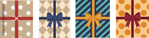 Set of four wrapped gift boxes with unique patterns and ribbon bows, festive vector illustration for celebration, packaging, holiday design, and decoration themes.