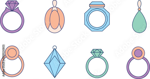 Stylized pastel jewelry set with rings and pendants in geometric shapes, artistic vector illustration for fashion, accessories, design, and decorative themes.