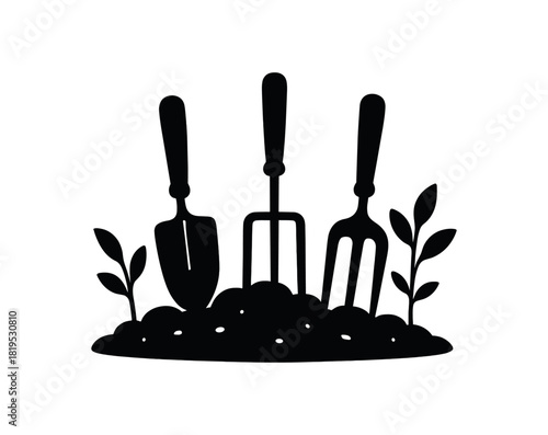 Garden tools resting on soil patch black silhouette with handle and trowel lines flat eco home activity