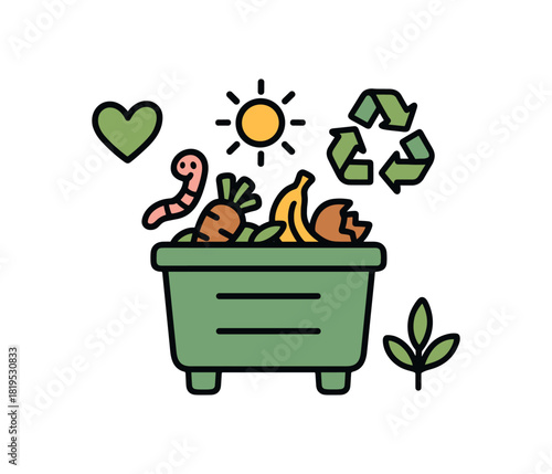 Cute doodle eco sustainability collection flat vector illustration bold handdrawn outlines bright solid fills isolated on white clean white space sticker style minimal detail compost bin