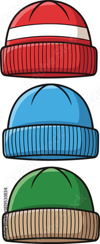 winter beanies in red, blue, and green with ribbed texture, cozy vector illustration for seasonal fashion, accessories, and design themes.