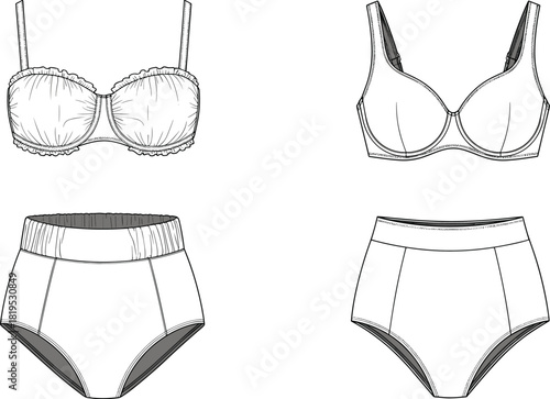 Technical fashion illustration of bras and high-waisted underwear, detailed lingerie vector for garment design, pattern making, apparel construction, and fashion development.