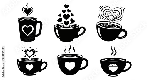 Set of six stylized coffee cups or mugs with various steam and heart-shaped elements rising from the liquid, depicted in a black and white silhouette graphic style