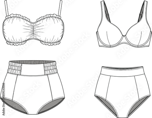 Women's lingerie vector illustration featuring detailed bra and high-waist panty designs with stitching, seams, straps, and contour lines for fashion templates and technical drawings