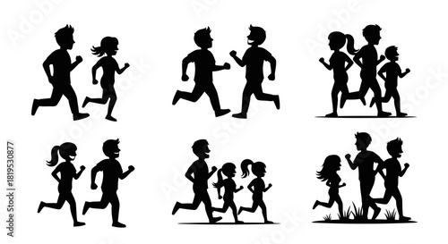 Assortment of six black and white silhouette illustrations featuring people of various ages running and jogging in different group compositions