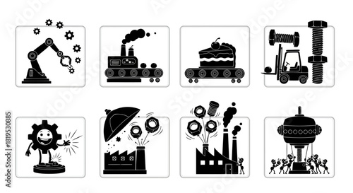 Industrial manufacturing processes and products flat icons set featuring robotic arm, factory assembly lines, a cake on conveyor, and ants building a structure