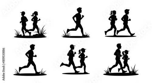 Silhouettes of people running outdoors set depicting individuals and couples jogging through grassy landscapes with dynamic poses