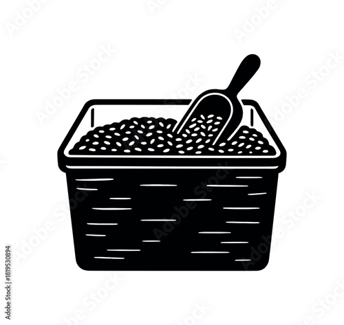 Bulk bin with grains and scoop black silhouette with container and texture lines plasticfree refill shop