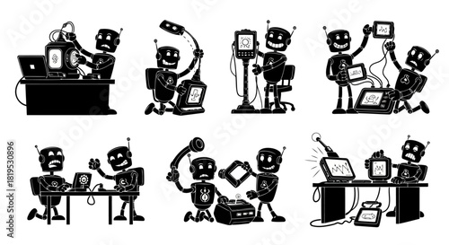 Series of six black and white cartoon illustrations depicting robots performing various tasks involving technology, screens, and mechanical parts