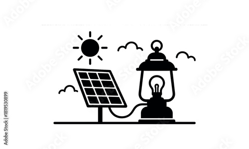 Solar lantern charging outdoors black silhouette with panel and base line details clean energy lifestyle