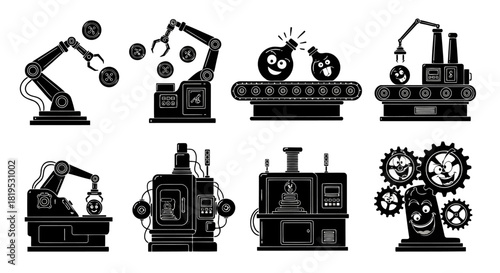 Set of black and white industrial machines, factory automation robots, production line equipment, manufacturing processes, technology and engineering illustrations, futuristic machinery graphics