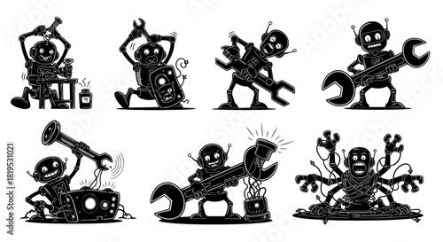 Robot characters engaged in various maintenance and repair tasks black and white vector art assembling fixing broken parts holding large wrench working on machinery tangled with wires