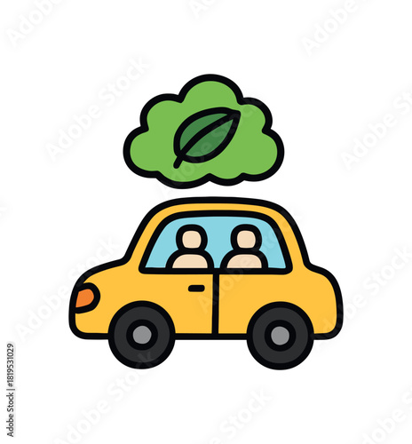 Cute doodle eco sustainability collection flat vector illustration bold handdrawn outlines bright solid fills isolated on white clean white space sticker style minimal detail carpool with