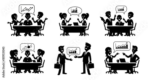 Business people discussing strategies and growth charts in various meeting scenarios black and white vector art team collaborating presenting ideas shaking hands during business discussion