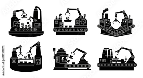 Industrial robotic arm assembly line production black silhouette icon set automated manufacturing process factory machine conveyer belt technology icon automated industry