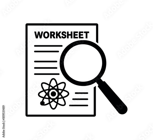 Magnifying glass over worksheet black silhouette with handle and glass ring lines science class element
