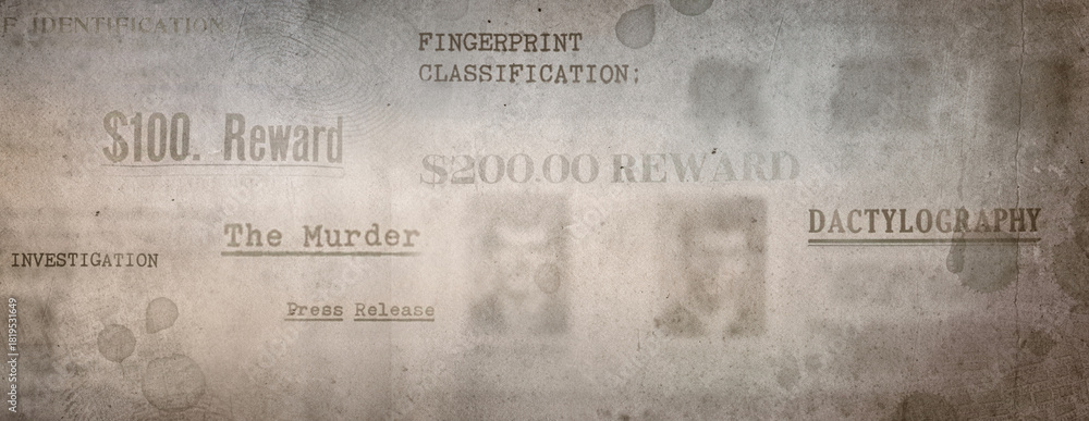 Fototapeta premium Artistic digital illustration inspired by old crime news. Сlippings of crime news, police fingerprint are placed on a vintage background. Retro background on the theme of detective, investigation.