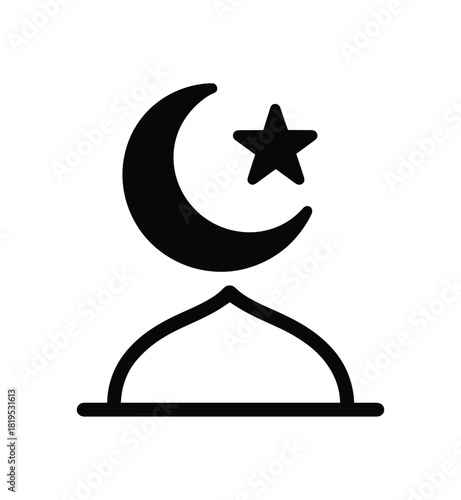 Flat vector illustration of crescent moon and above stylized dome line rounded shapes minimal detail