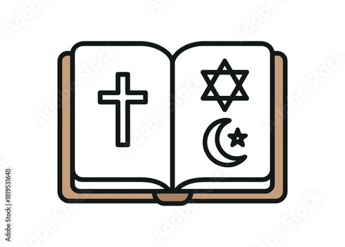 Flat vector illustration of open holy book with three tiny universal symbols on pages rounded corners clean outline