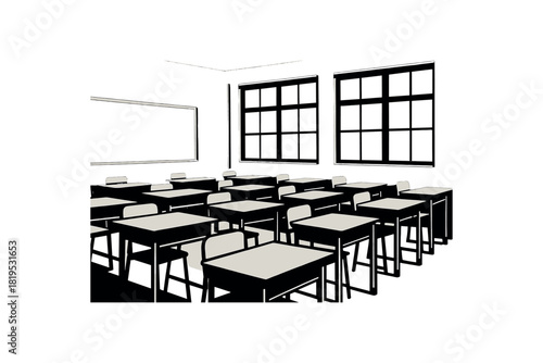 Empty classroom with rows of desks black silhouette with chair and window line details quiet academic space