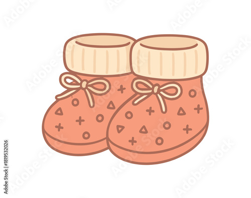Cute flat vector illustration of knitted baby booties with tiny geometric decorations rounded shapes pastel colors simple soft outlines
