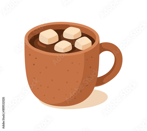 Flat vector illustration of hot cocoa mug with marshmallows warm soft tones rounded shapes minimal cozy winter aesthetic clean white background