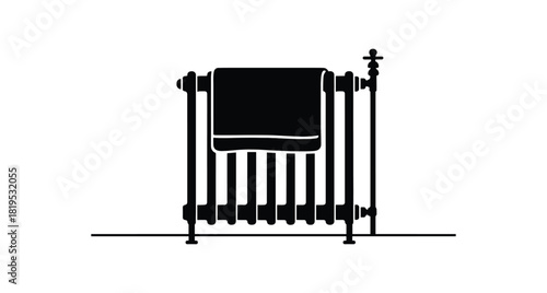 Radiator with drying towel black silhouette with pipe and fabric line details flat functional interior scene