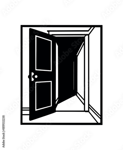 Door slightly open to hallway black silhouette with frame and floor line accents transitional room vibe